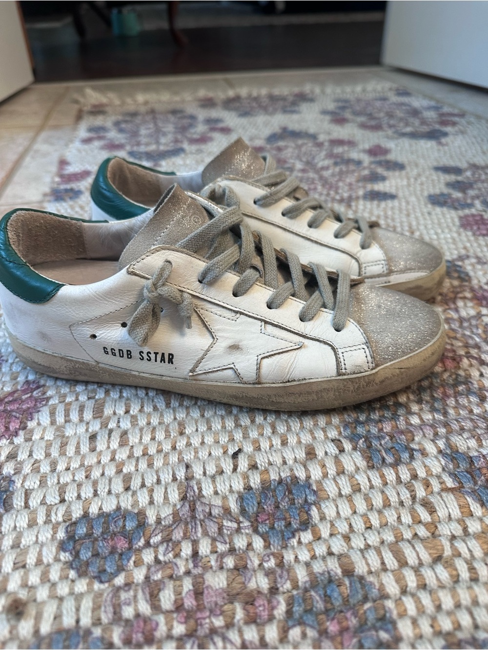 Golden Goose Super-Star White Leather Sneakers - Green Heel Tab - Size 37 (US 7)